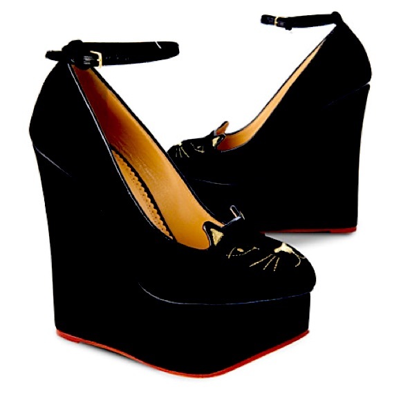 🍸Charlotte Olympia Tessa BLACK Velvet Kitty Cat Wedge Heel RARE🍸39